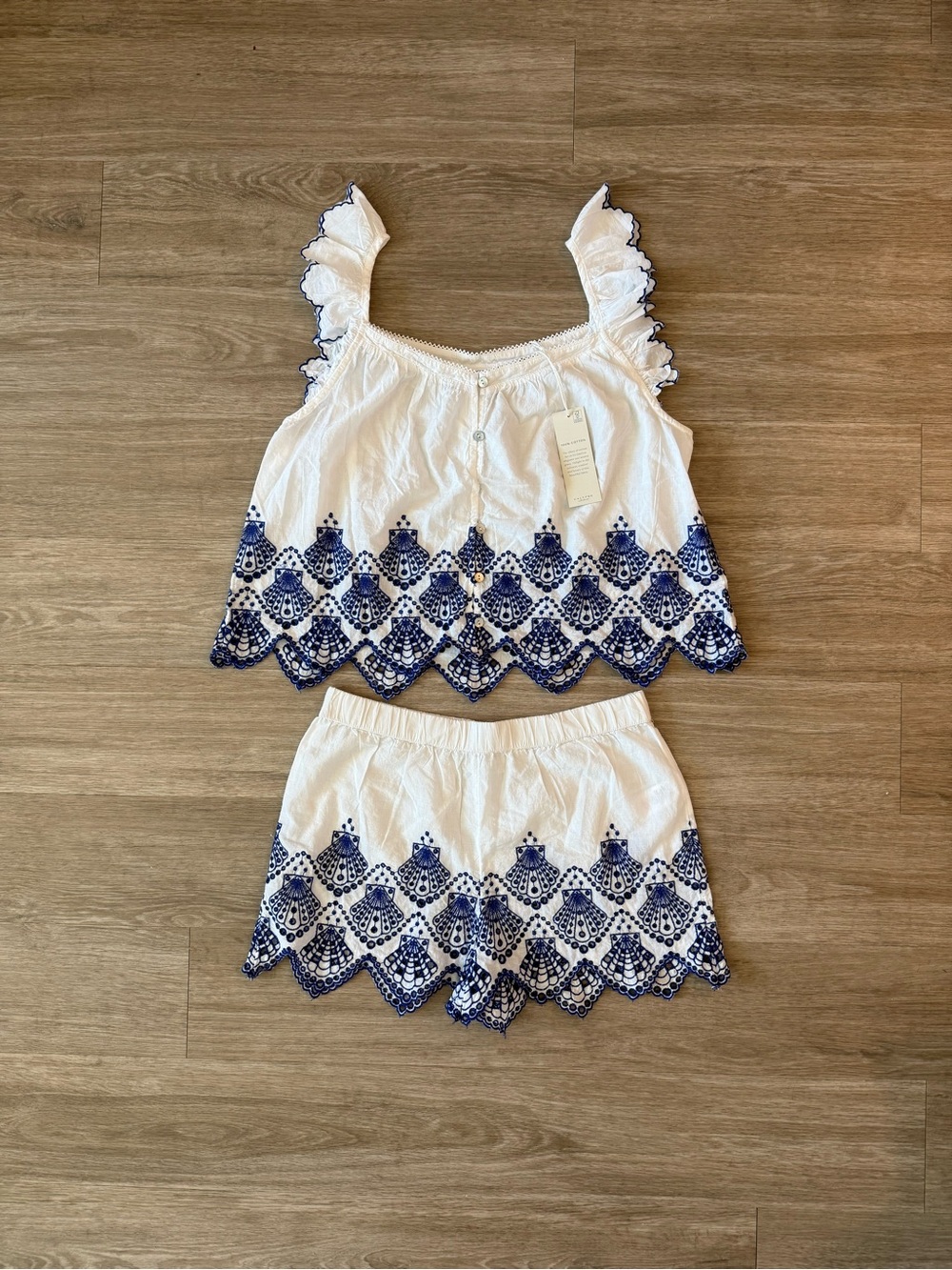 NWT Calypso St. Barth Cotton Seashell Embroidered Pajama Set, Size Small